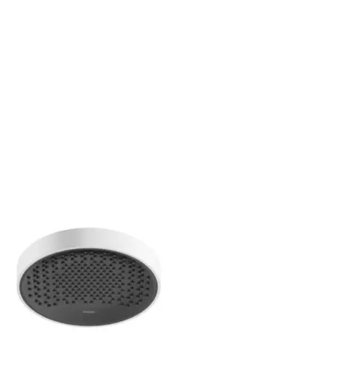 Runde Kopfbrause in mattem Weiß, mit einer strukturierten Oberfläche, montiert an einer Decke. Produkt von Hansgrohe.
